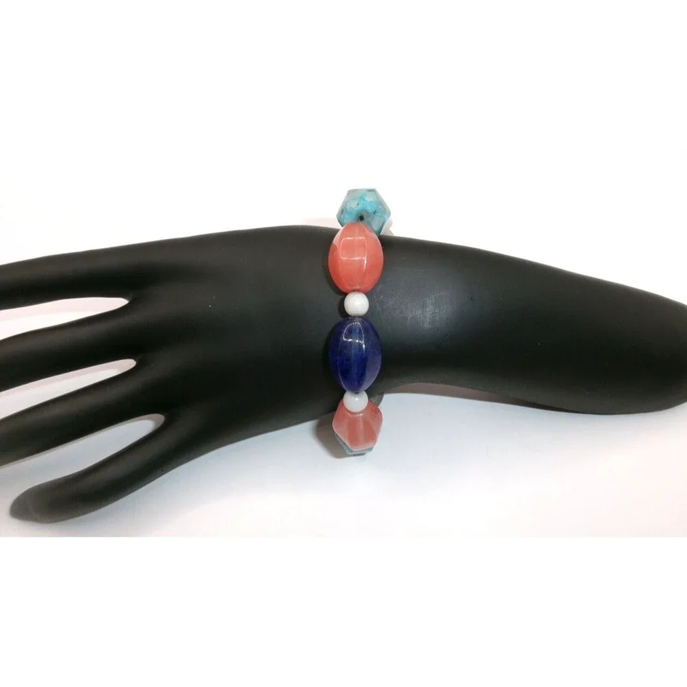 Chunky Multi Gemstone Bracelet Strung Faceted Beads Toggle Clasp 8 inches